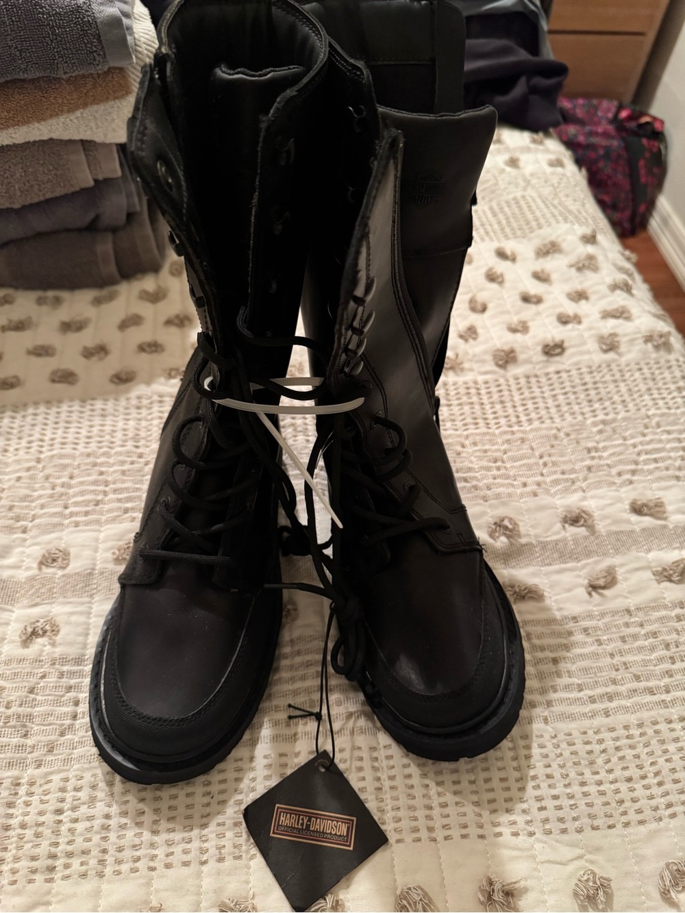 Harley-Davidson Black Leather Lace-Up Moto Boots with Side Zipper - Picture 2 of 2